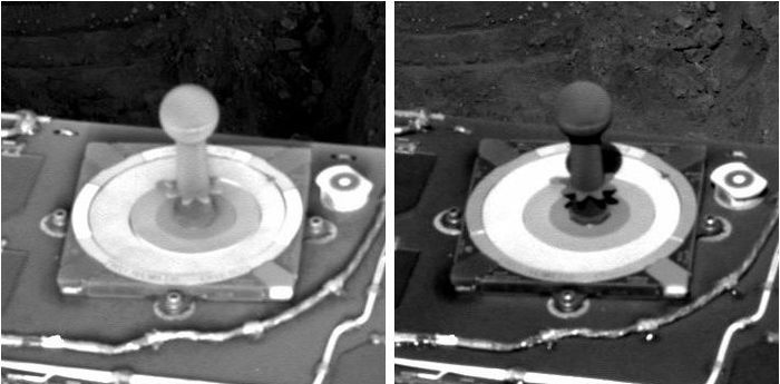 კონდენსაცია რობოტ Curiosity-ს საკალიბრაციო მოწყობილობაზე. მარჯვნივ ობიექტი ჩვეულ მდგომარეობაშია, მარცხნივ კი ის წყლის ყინულით არის დაფარული.