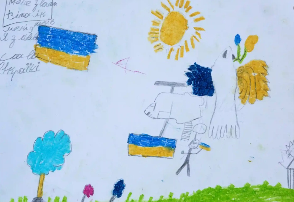 9 წლის ვიტალიკის ნახატი ლვოვიდან, წარწერით — "დიდება უკრაინას".