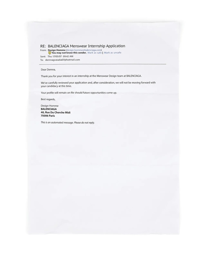 მეილი, რომელშიც ბალენსიაგამ დემნას სტაჟირებაზე უარი უთხრა